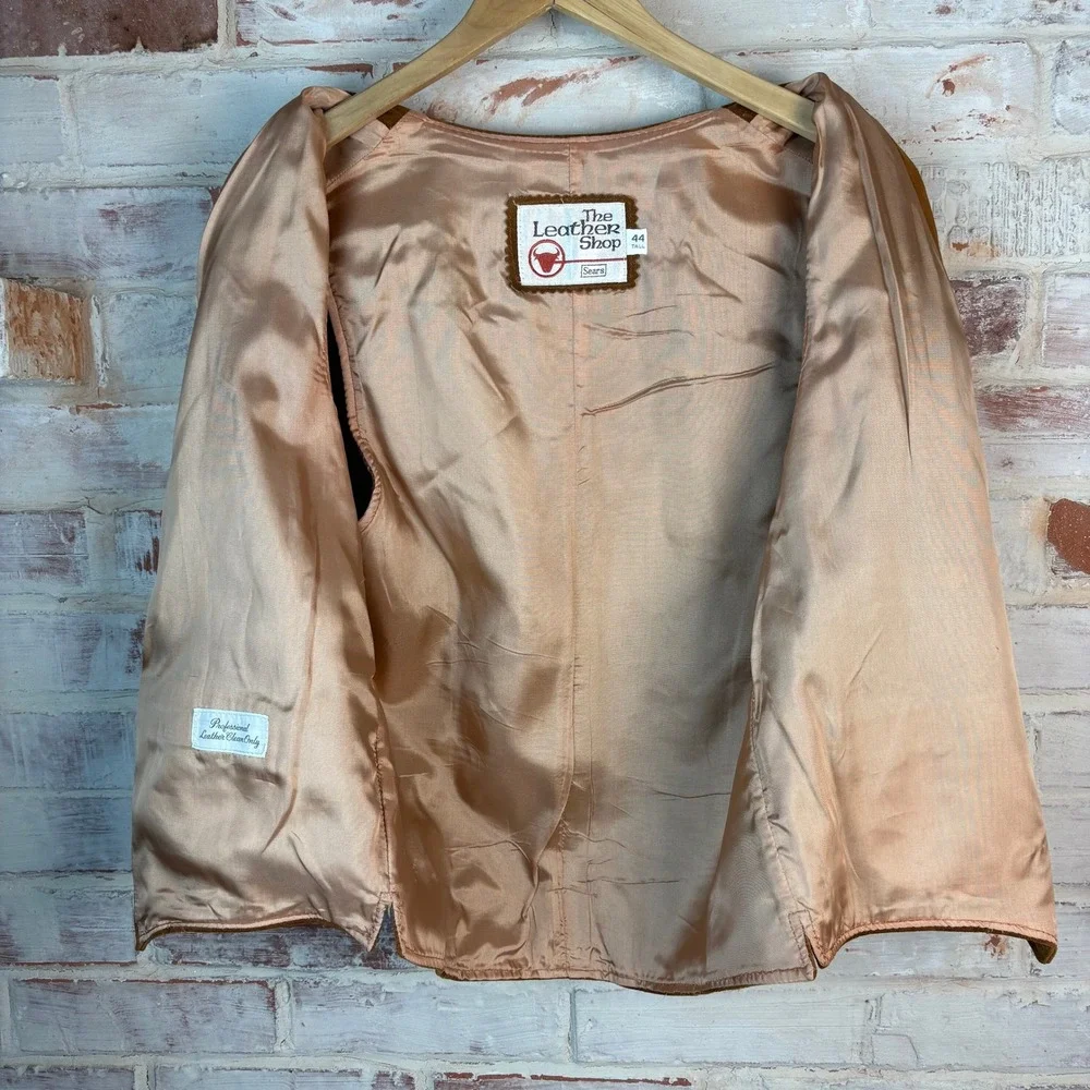 Vintage 70s Sears Leather Shop Suede Western Vest Tan Brown Satin Lined Size 44T